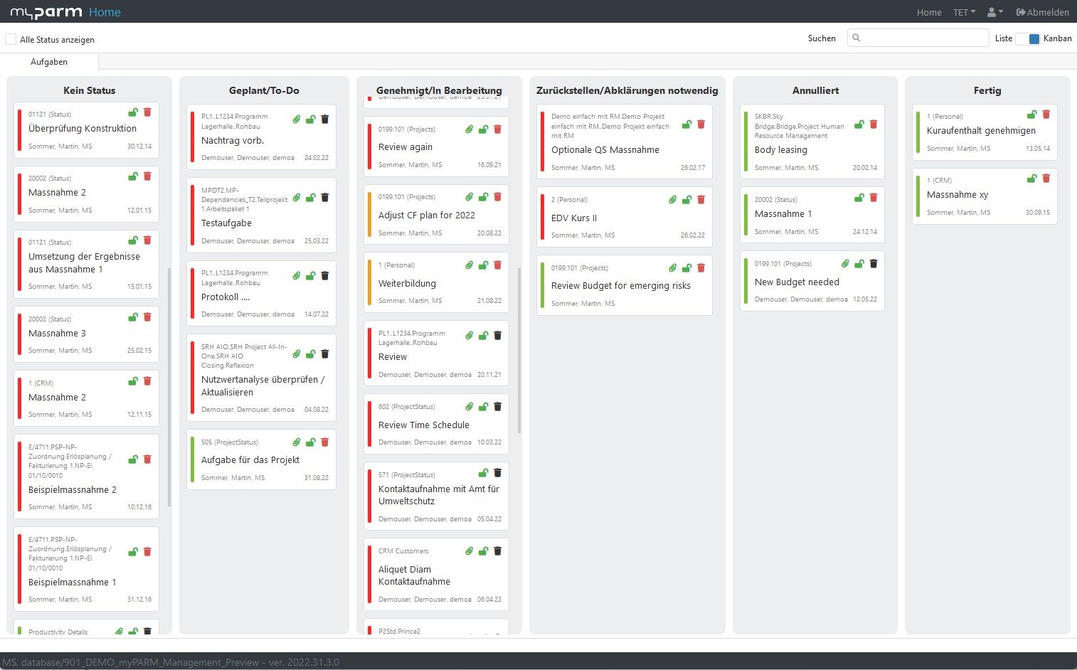 Kanban DE Aufgabenübersicht in der Projektmanagementsoftware myPARM
