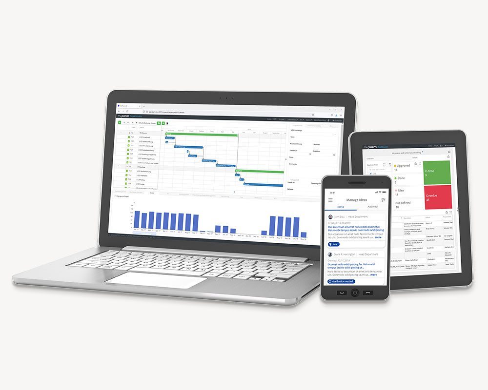 Laptop, Tablet und Smartphone mit Parm-Software auf den Bildschirmen